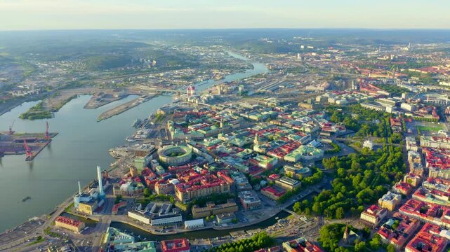 Gothenburg, Sweden. Panorama of the city and the river Goeta Elv. The historical center of the city. Sunset. Drone footage, Point of interest, Point of interest