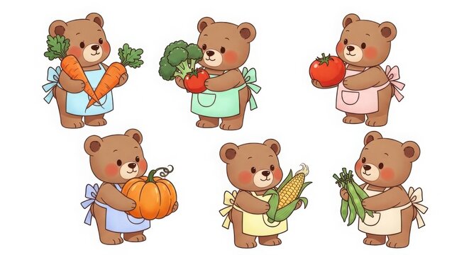 set of 6 Adorable bear character wearing an apron and holding vegetables, digital storybook illustration, warm and gentle mood, isolated on white background