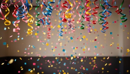 A Festive Shower of Color: A cascade of vibrant confetti and curling streamers descends, transforming any space into a vibrant celebration filled with joy. 