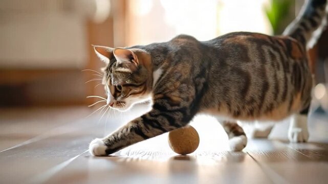 Playful tabby cat with white paws batting a small ball on a wooden floor