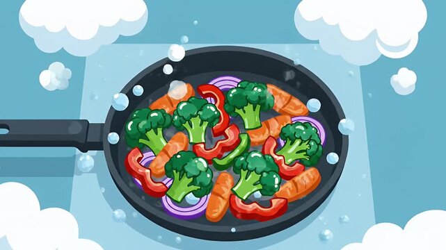 Colorful vegetables cooking in frying pan with steam on stovetop