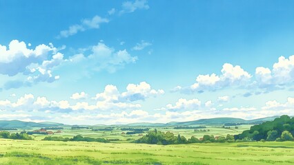 青空と草原の広がる風景 水彩風イラスト 背景素材