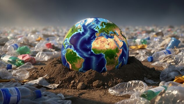 A Chokehold on Our Planet: A poignant depiction of environmental devastation where a globe, representing Earth, is surrounded by a sea of plastic waste, symbolizing the pollution crisis we face.