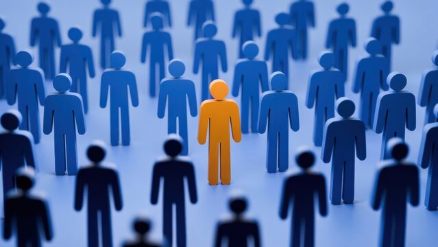 Orange figure standing out in a crowd of blue figures.