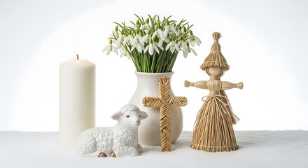 Fototapeta premium Easter Still Life Composition: This image showcases a serene composition featuring a candle, a bouquet of delicate snowdrops in a vase, a lamb figurine, a woven cross, and a straw doll.