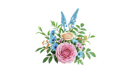 Floral arrangement with roses, blue flowers, and greenery