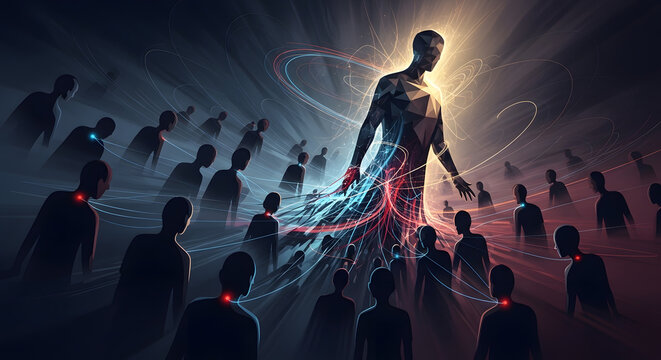 Mysterious figure standing before a group of followers