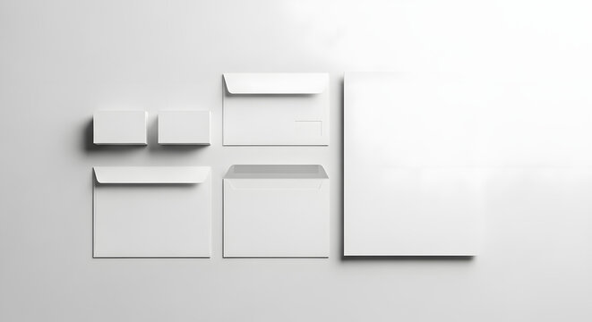 Blank white stationery set including business cards, envelopes, and a letterhead on a clean background, ideal for branding mockups.