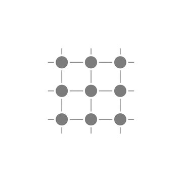 Abstract minimalist graphic depicting a 3x3 grid of nine interconnected gray dots, representing fundamental digital connections, structured data networks, or system architecture concepts