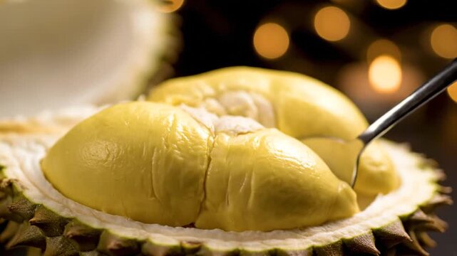 Spoon scooping creamy durian fruit with sweet taste.