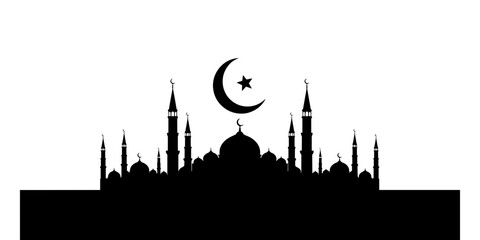 Obraz premium A serene minimalist black silhouette illustration of a large mosque complex featuring minarets and a prominent crescent moon and star symbol.