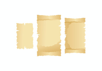 Fototapeta premium Set of three antique parchment paper scrolls with ragged edges and vintage weathered texture on white background