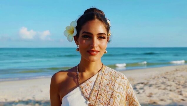 Smiling Balinese woman in traditional ceremonial kebaya and sarong walking gracefully on a white sand beach with turquoise ocean background.
