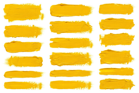 Realistic yellow oil paint brush strokes set isolated on transparent background

