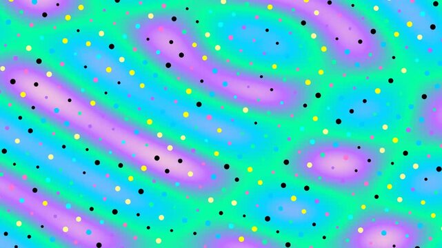 Vibrant abstract background with swirling iridescent colors and scattered multi-colored dots creating a dynamic and psychedelic pattern.