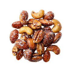 A close-up view of a variety of mixed nuts and seeds on a white background