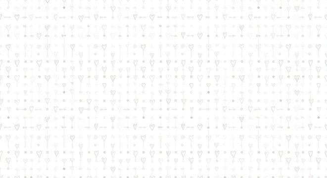 Subtle hand-drawn heart and arrow seamless pattern on white. Delicate minimalist romantic background texture with abstract botanical elements for love, wedding,