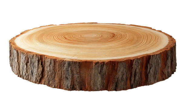 Natural wood slice with visible growth rings and bark texture on black tree trunk, Isolated, Png Transparent Background