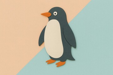 Fototapeta premium Minimalist paper-cut style illustration of a penguin with layered textures, set against a soft pastel background divided diagonally into warm peach and cool mint tones.
