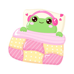 Cute frog character listening to headphone in cozy bed clipart