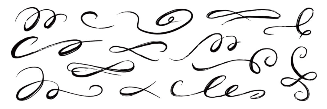 Flourish hand drawn swash line set. Flourish line calligraphy hand drawn pen ink brush thin stroke curve..Elegant vintage doodle swirl scroll underline text decoration design. Vector illustration.