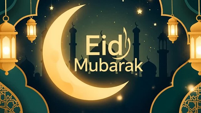 Eid Mubarak Greeting Animation with Crescent Moon and Lanterns