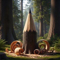 연필로 깎인 나무 밑동