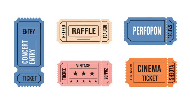 Colorful vector tickets set concert raffle cinema and vintage entry passes with perforated edges.
