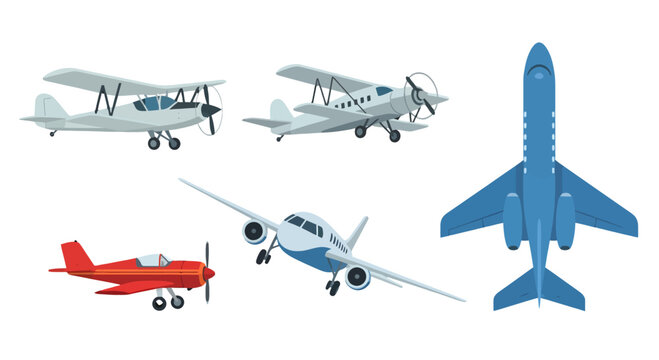 Diverse aircraft collection featuring biplanes propeller planes and modern passenger jets in various poses and colors.