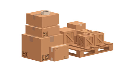 Fototapeta premium Isometric illustration of stacked brown cardboard boxes wooden crates and a wooden pallet.