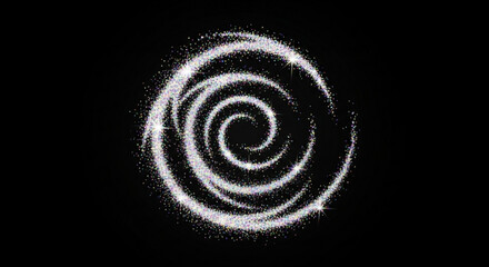 White spiral swirl of particles on black background abstract dynamic motion graphic element