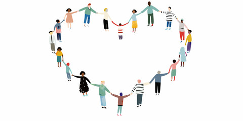 Diverse group of people forming a heart shape while holding hands