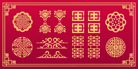 A collection of ornate golden chinese decorative patterns on a red background