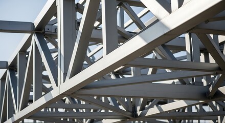 Industrial steel framework structure viewed from below with metal beams and girders against a clear sky
