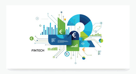 Obraz premium Abstract Fintech Vector Graphic with Data Visualization Charts, Euro Symbol, and Digital Connectivity