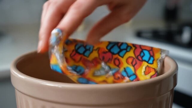 A hand sealing a large food container with a patterned beeswax wrap, showing the flexibility and texture of the eco-friendly alternative to cling film.. Zero-Waste Lifestyle & Sustainable Packaging.
