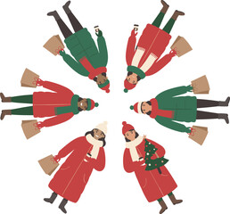 People in Christmas Sweaters Circle Composition Isolated on White Background Flat Vector Illustration