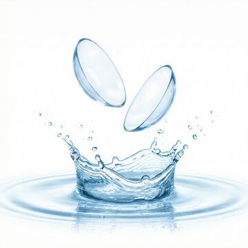 Two clear soft contact lenses falling into a pool of water, creating a dynamic splash and ripples on a clean white background, symbolizing hydration and eye care.