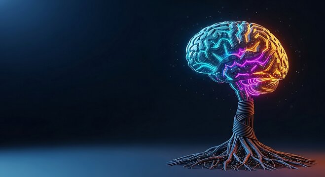 Conceptual Brain Tree with Glowing Neurons and Deep Roots.