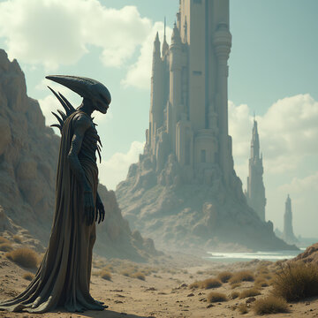 Alien figure standing near towering alien architecture