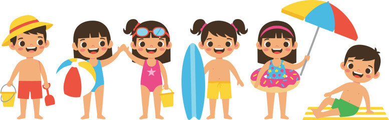 Obraz premium Happy Kids at the Beach Cartoon Character Set Isolated on White Background Flat Vector Illustration