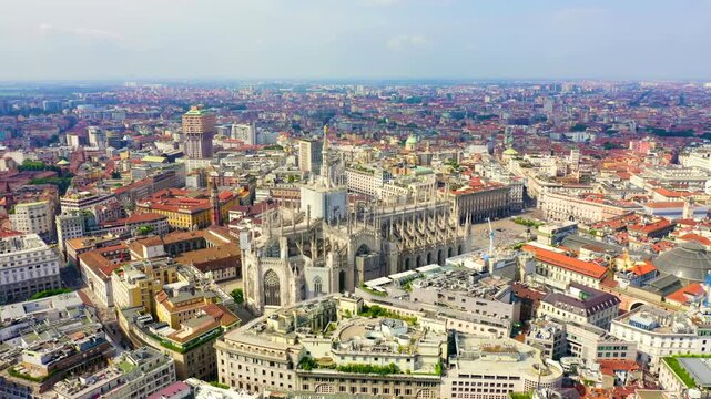 Milan, Italy. Roofs of the city Drone footage. Spiers Milan Cathedral. Cloudy weather. Drone footage, Point of interest, Point of interest