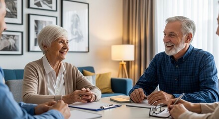 A smiling senior couple enjoys teamwork at home while sitting at a table, talking and having fun with a laptop and cards like businesspeople in a meeting