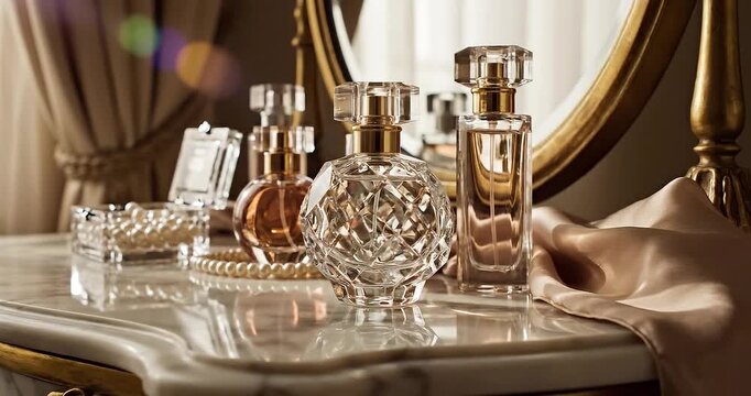 Elegant Luxury Perfume Bottles and Pearl Jewelry on Marble Vanity Table