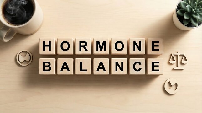 Wooden cubes spelling 'Hormone Balance' displayed on desk