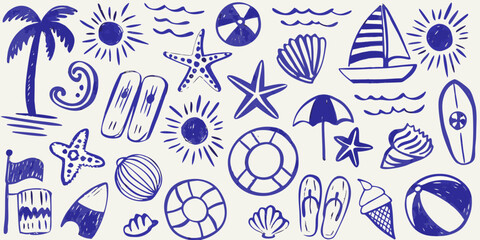 Blue doodle illustration featuring summer and beach themed icons