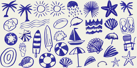 Hand drawn blue summer icons beach elements and tropical objects