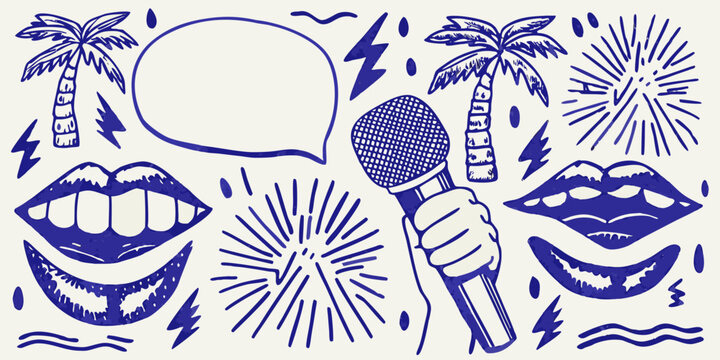 A playful doodle illustration featuring lips a microphone and tropical elements