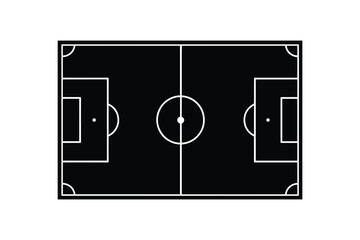 Black and white flat icon showing top down view of professional football field with goal area and center circle