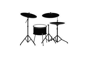Silhouette of professional acoustic drum set including cymbals and floor tom on tripod stands isolated on white